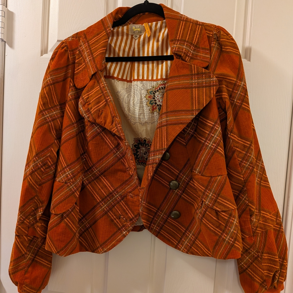 Anthropologie Orange Plaid Blazer - Picture 2 of 6